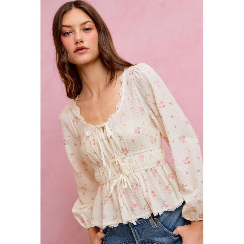 SO ME Floral Clip Dot Lace Trim Ruched Bodice Blouse - White - Medium - Picture 5 of 16